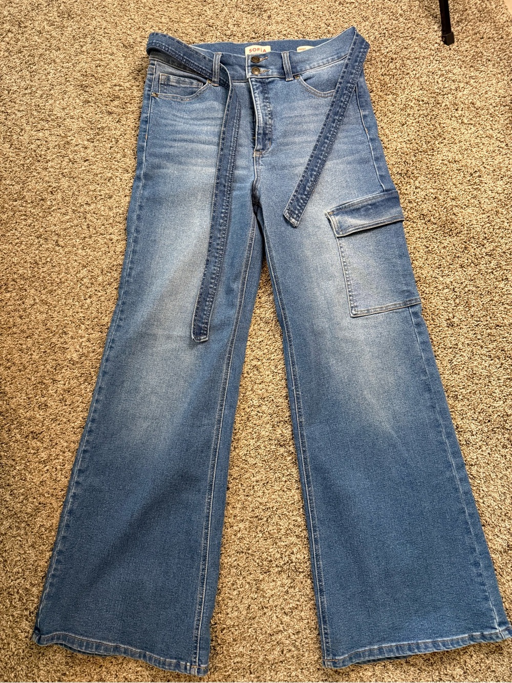 sofia by sofia vergara Blue Wide-Leg Cargo Jeans with Self-Tie Belt